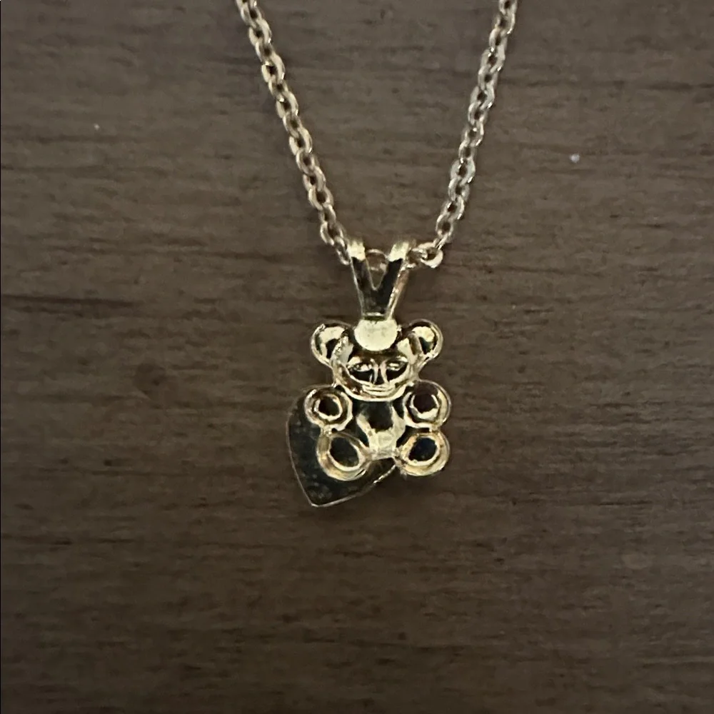 Gold Tone Teddy Bear & Heart With M, CZ Diamonds Pendant Necklace